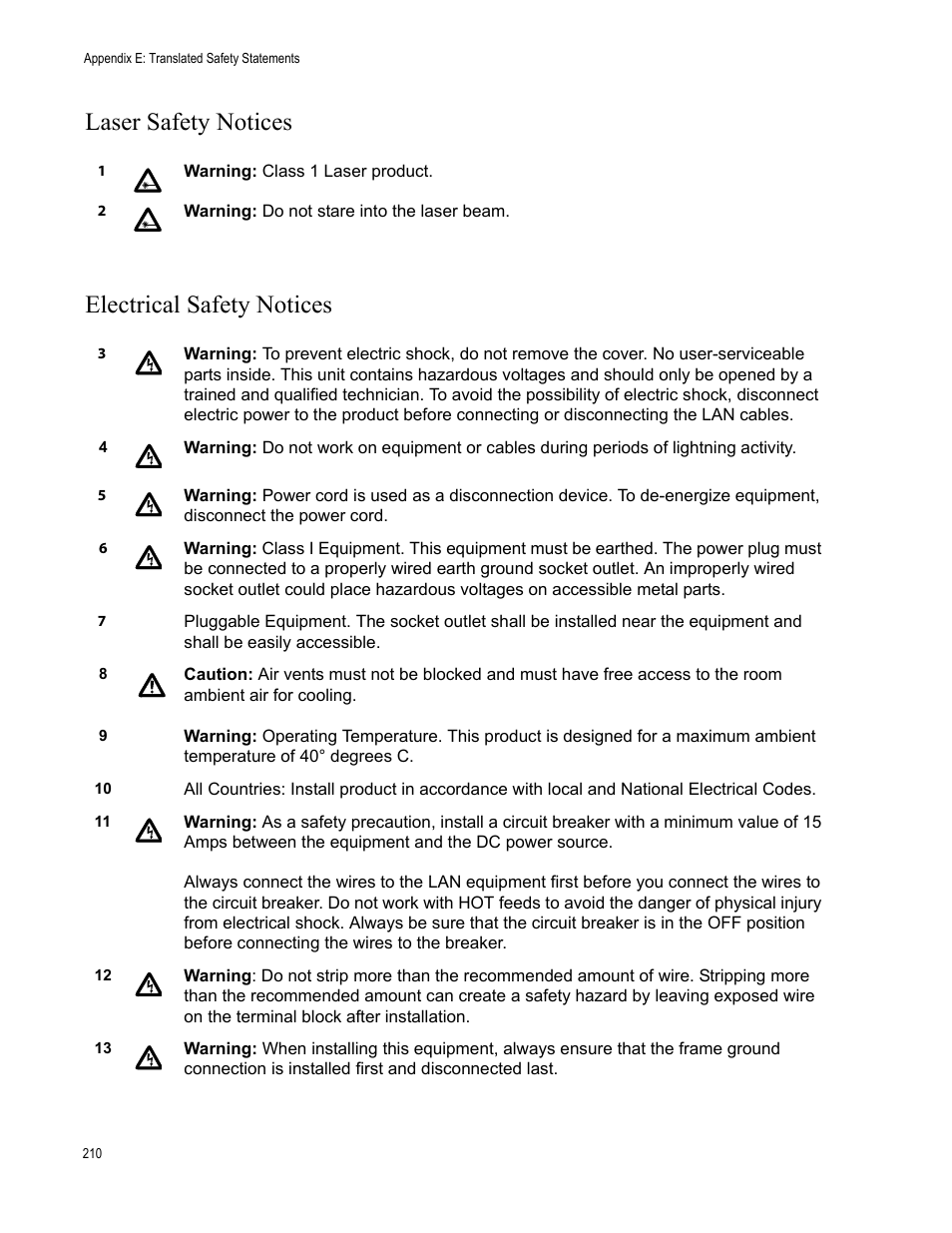 Laser safety notices electrical safety notices | Allied Telesis AT-2746FX User Manual | Page 210 / 238