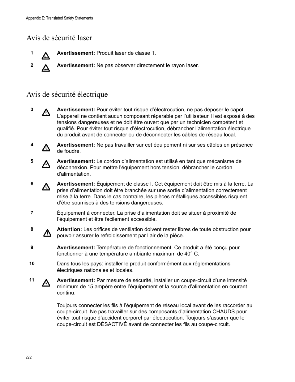 Avis de sécurité laser avis de sécurité électrique | Allied Telesis AT-2746FX User Manual | Page 222 / 238
