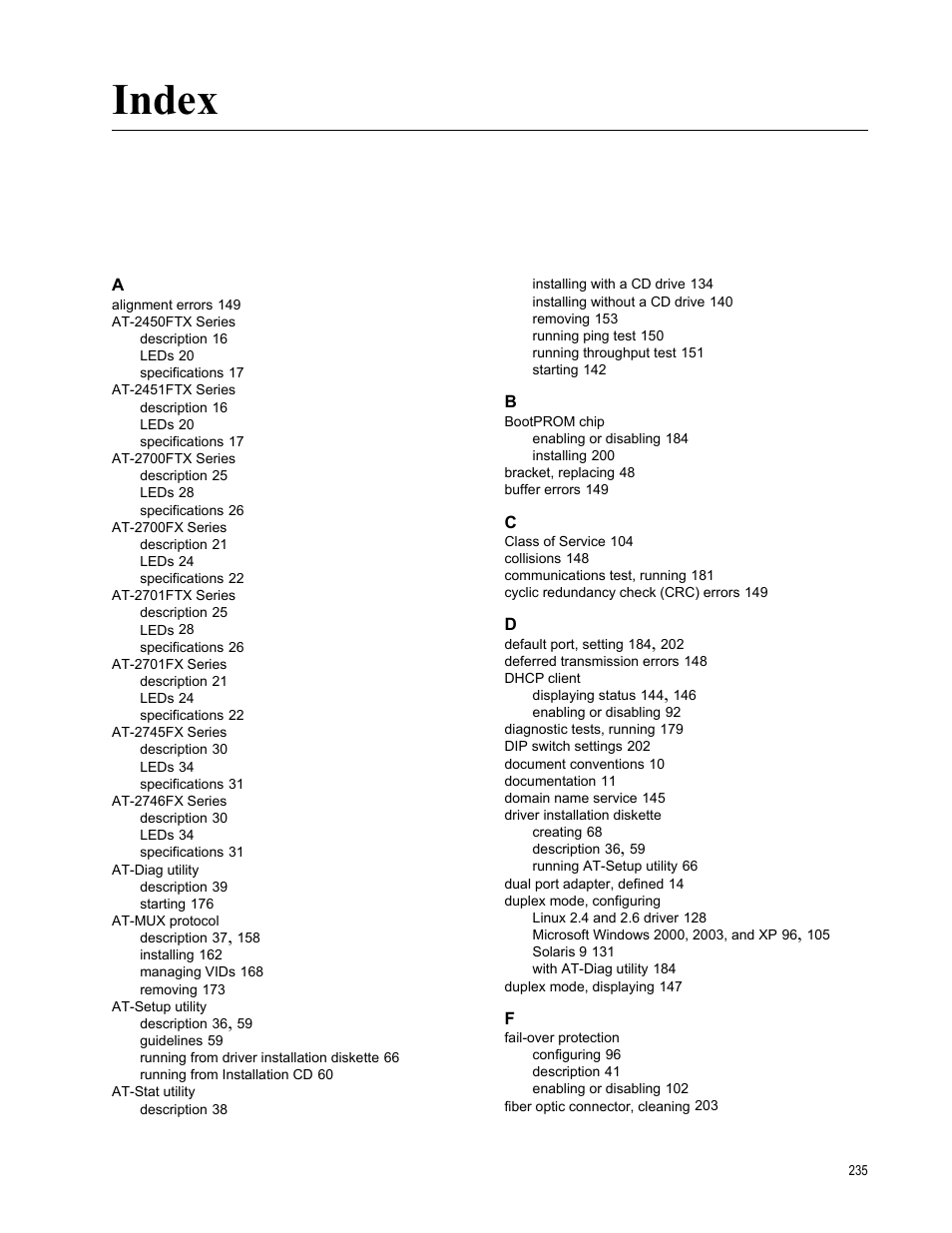 Index | Allied Telesis AT-2746FX User Manual | Page 235 / 238
