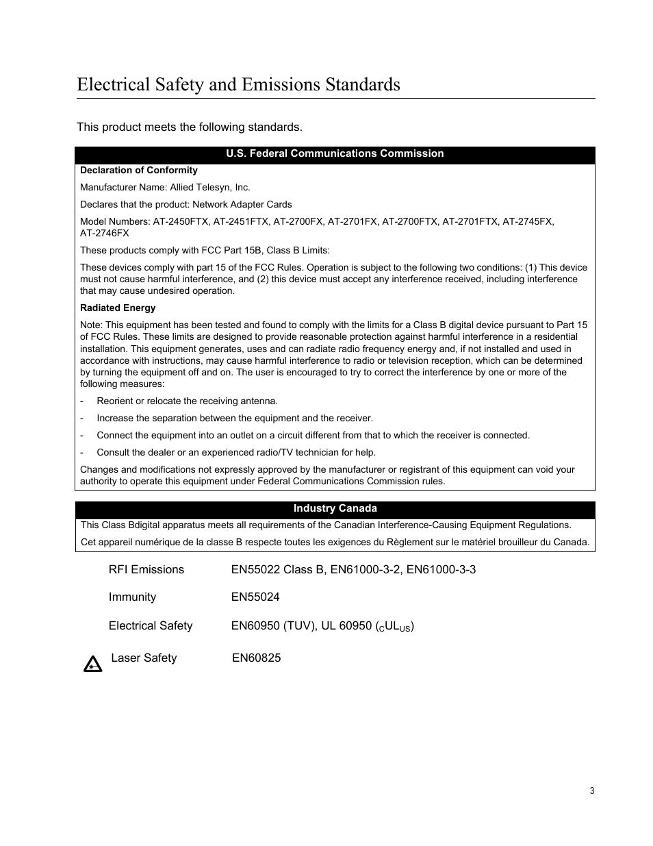 Electrical safety and emissions standards | Allied Telesis AT-2746FX User Manual | Page 3 / 238