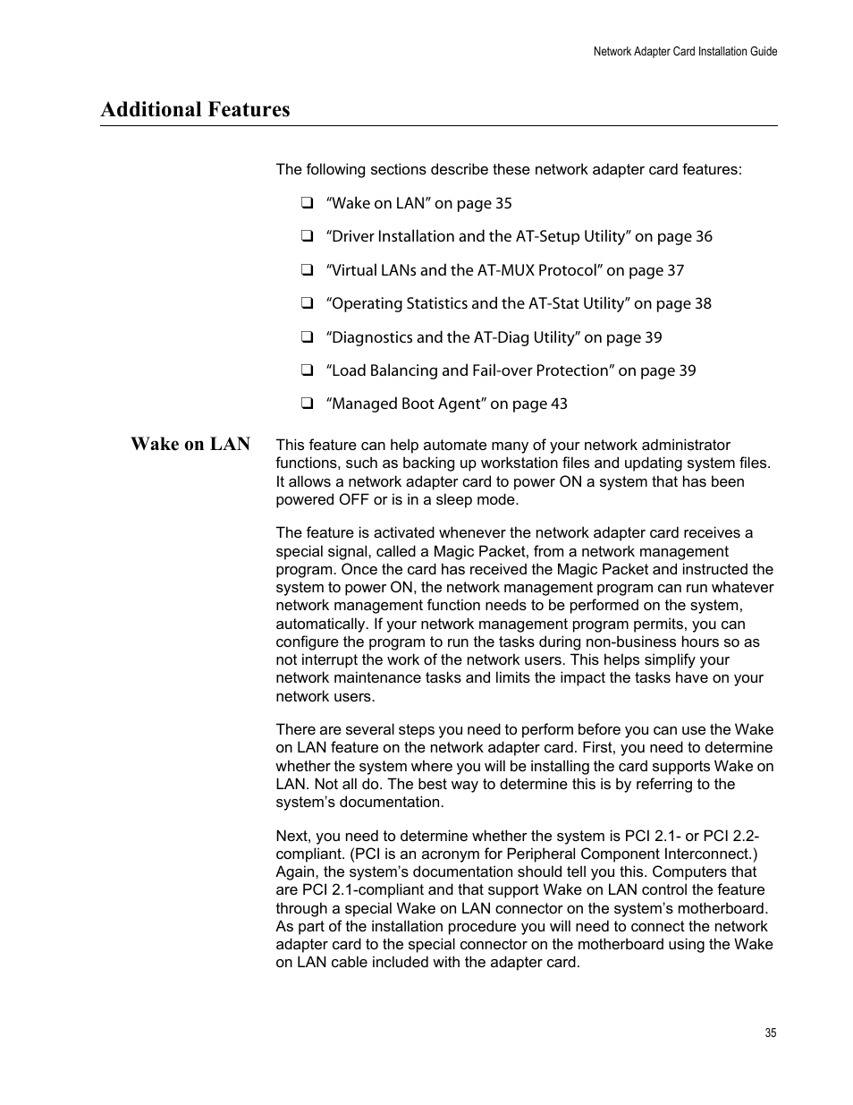 Additional features, Wake on lan | Allied Telesis AT-2746FX User Manual | Page 35 / 238
