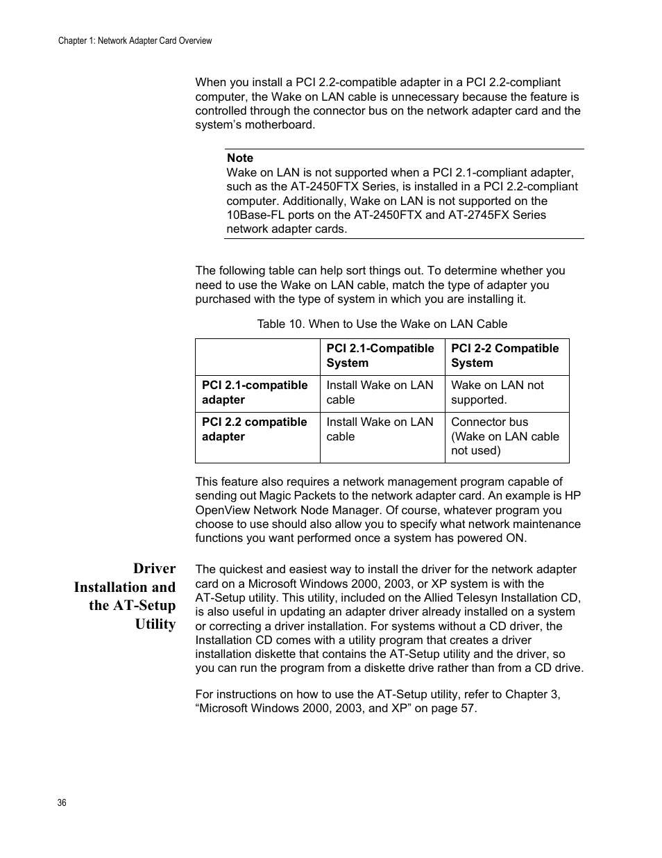 Driver installation and the at-setup utility | Allied Telesis AT-2746FX User Manual | Page 36 / 238