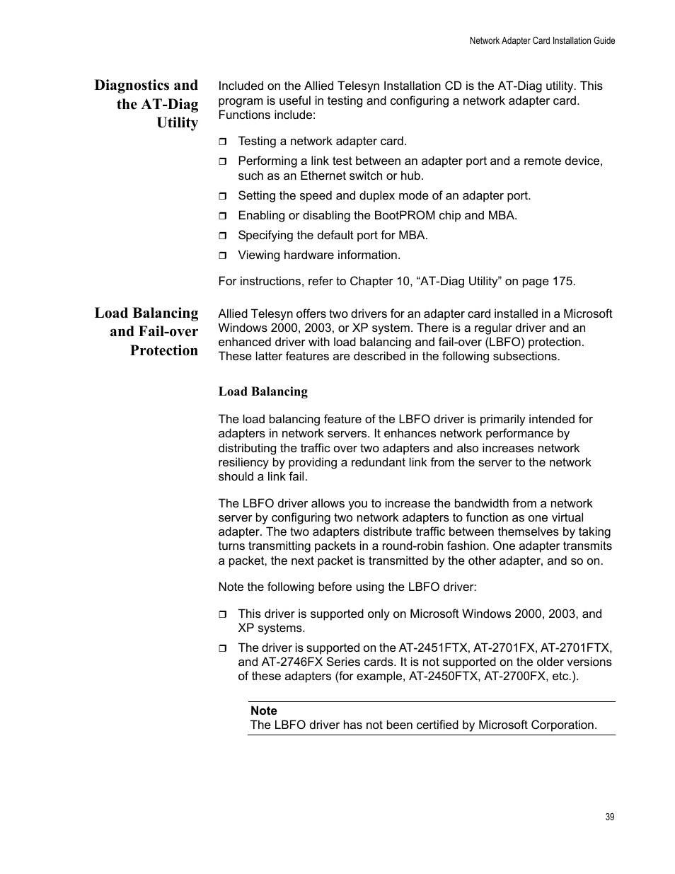 Diagnostics and the at-diag utility, Load balancing and fail-over protection | Allied Telesis AT-2746FX User Manual | Page 39 / 238