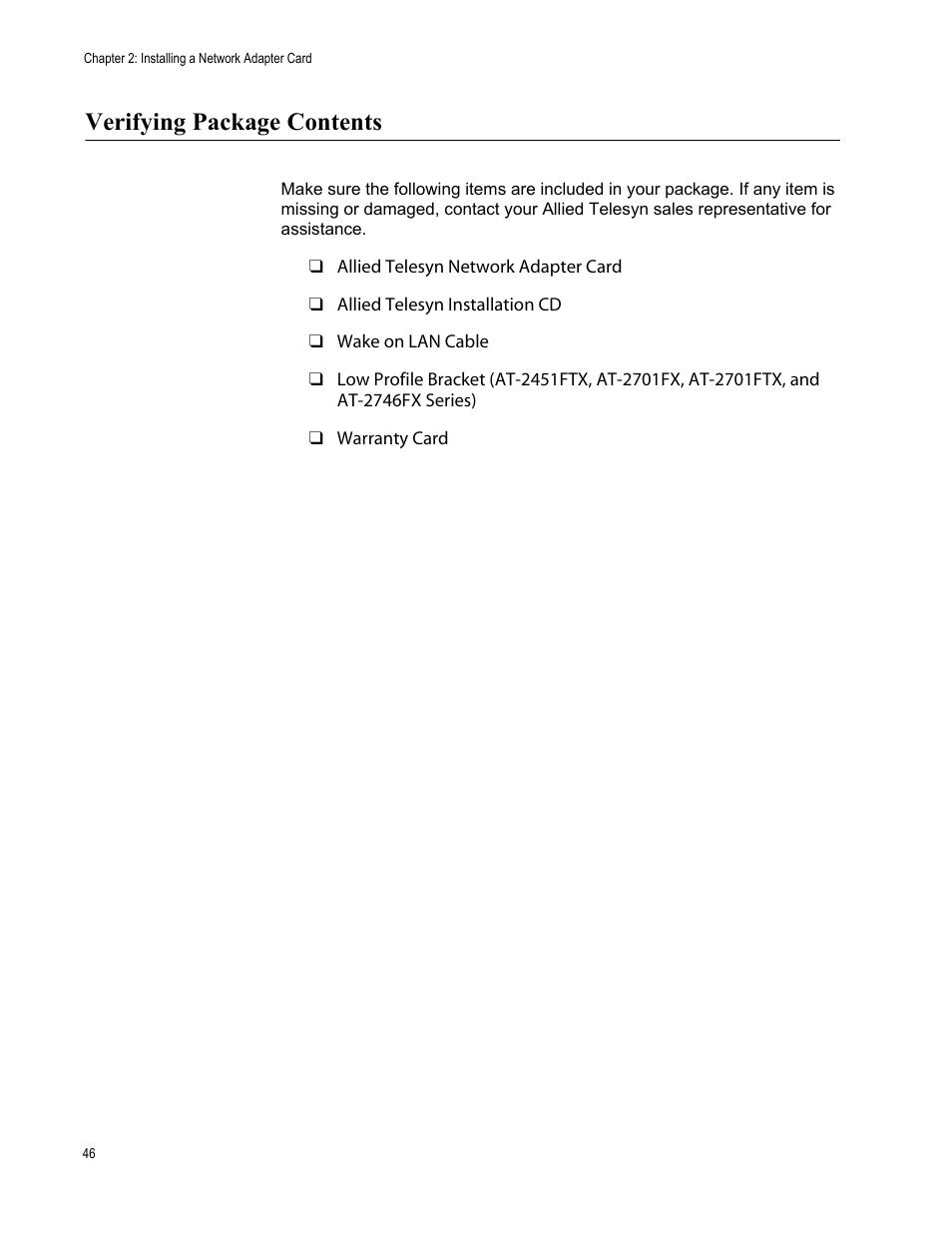 Verifying package contents | Allied Telesis AT-2746FX User Manual | Page 46 / 238