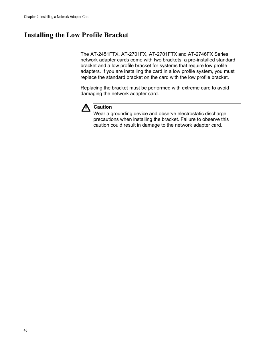 Installing the low profile bracket | Allied Telesis AT-2746FX User Manual | Page 48 / 238