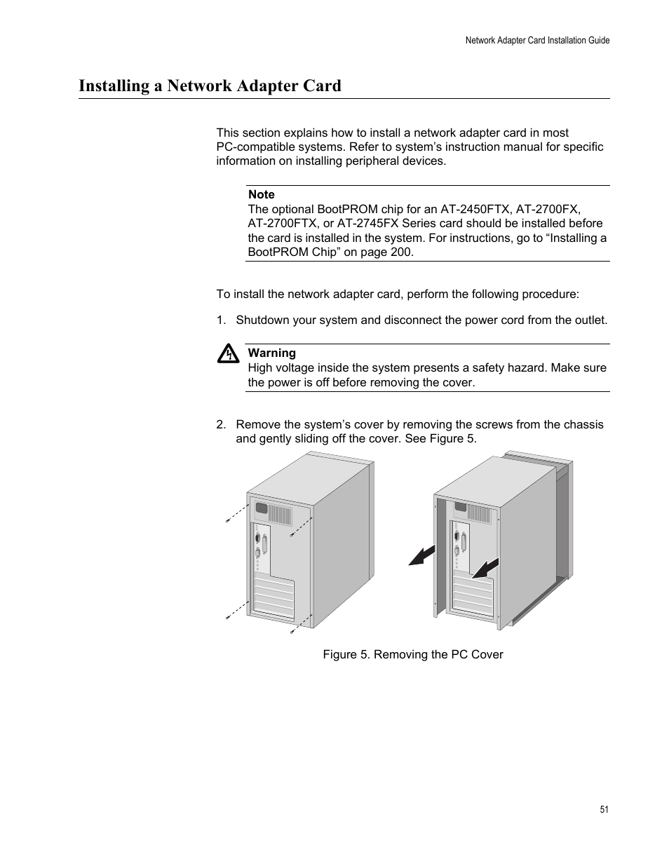 Installing a network adapter card | Allied Telesis AT-2746FX User Manual | Page 51 / 238