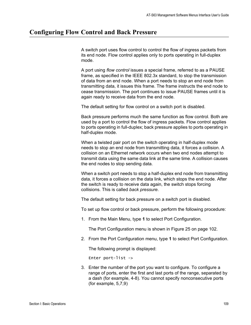Configuring flow control and back pressure | Allied Telesis AT-S63 User Manual | Page 109 / 822