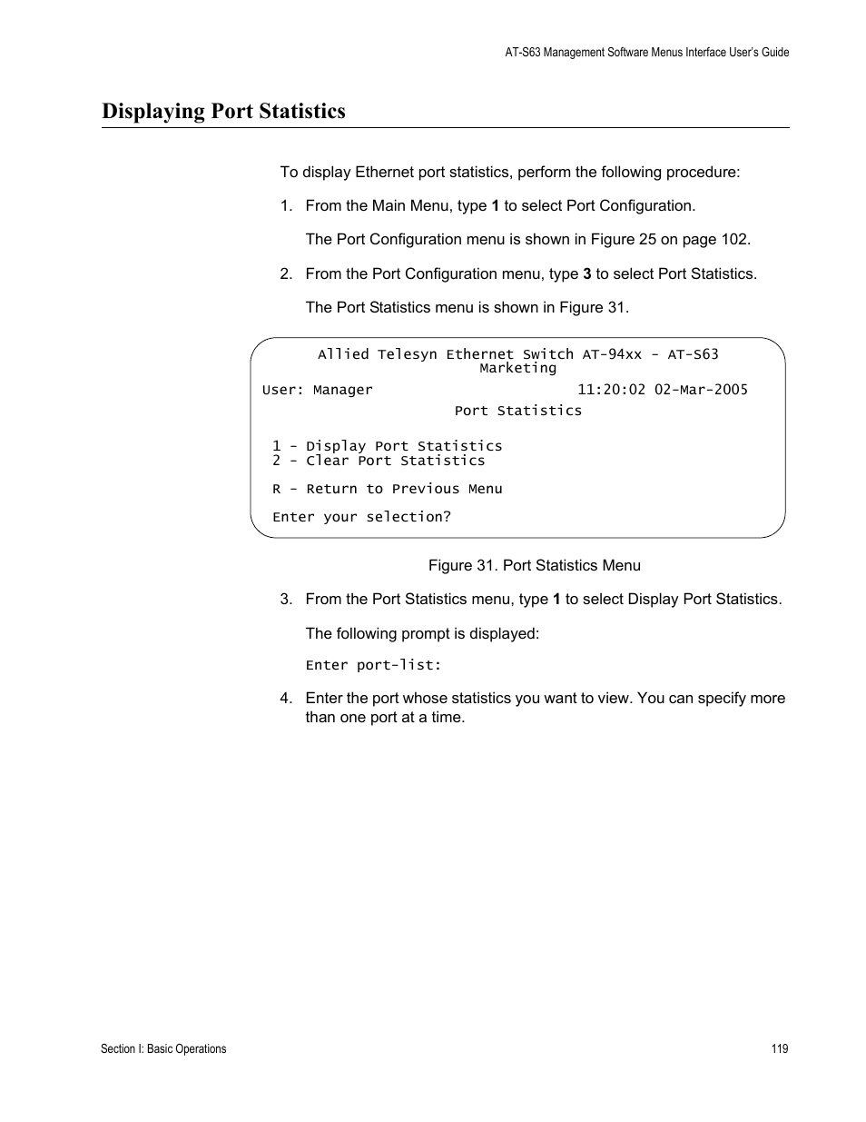Displaying port statistics | Allied Telesis AT-S63 User Manual | Page 119 / 822