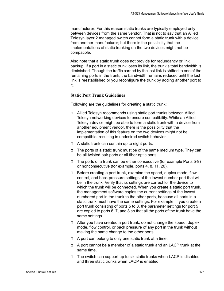 Static port trunk guidelines | Allied Telesis AT-S63 User Manual | Page 127 / 822