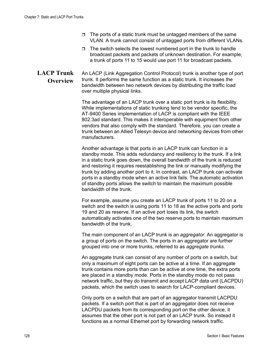 Lacp trunk overview | Allied Telesis AT-S63 User Manual | Page 128 / 822