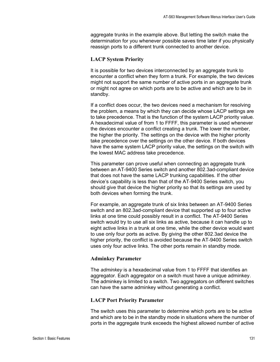 Lacp system priority, Adminkey parameter, Lacp port priority parameter | Allied Telesis AT-S63 User Manual | Page 131 / 822
