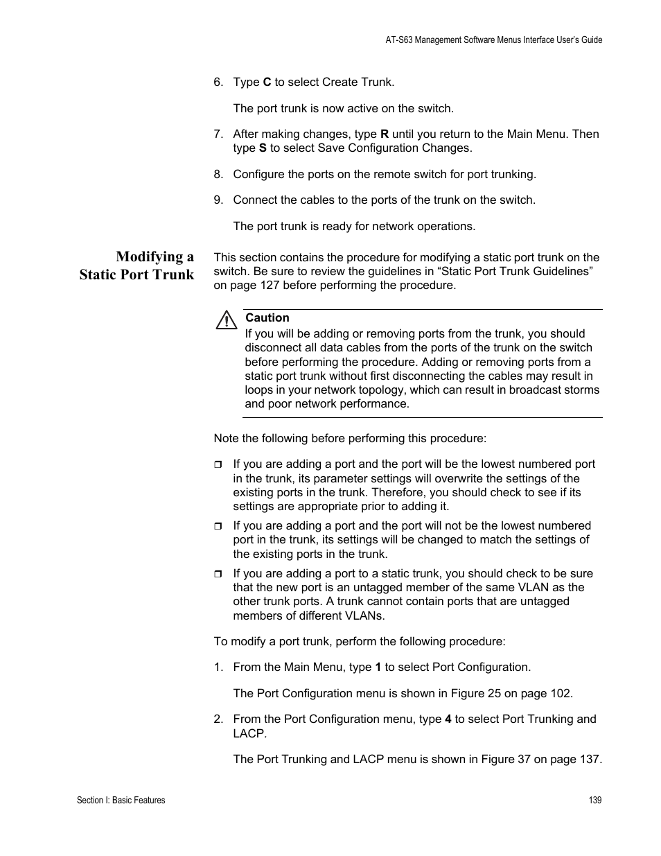 Modifying a static port trunk | Allied Telesis AT-S63 User Manual | Page 139 / 822