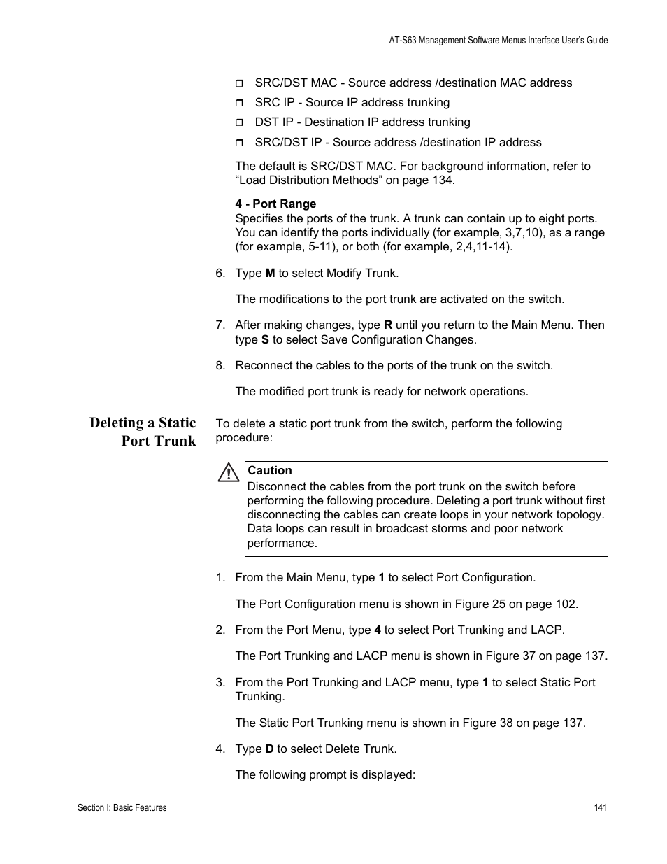 Deleting a static port trunk | Allied Telesis AT-S63 User Manual | Page 141 / 822