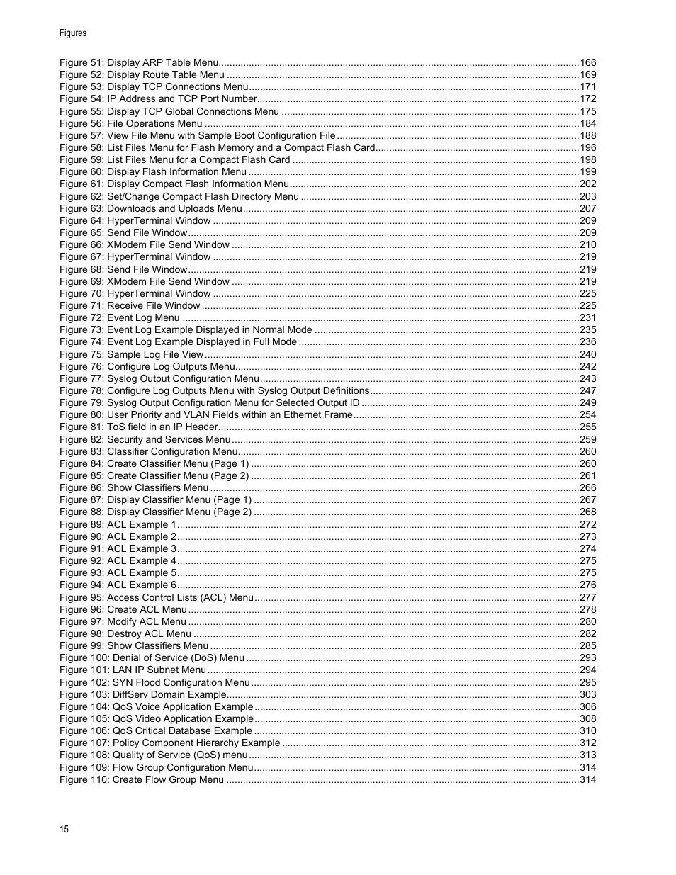 Figure 51: display arp table menu 166, Figure 52: display route table menu 169, Figure 53: display tcp connections menu 171 | Figure 54: ip address and tcp port number 172, Figure 55: display tcp global connections menu 175, Figure 56: file operations menu 184, Figure 60: display flash information menu 199, Figure 63: downloads and uploads menu 207, Figure 64: hyperterminal window 209, Figure 65: send file window 209 | Allied Telesis AT-S63 User Manual | Page 15 / 822