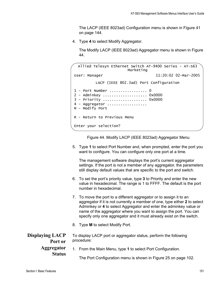 Displaying lacp port or aggregator status | Allied Telesis AT-S63 User Manual | Page 151 / 822