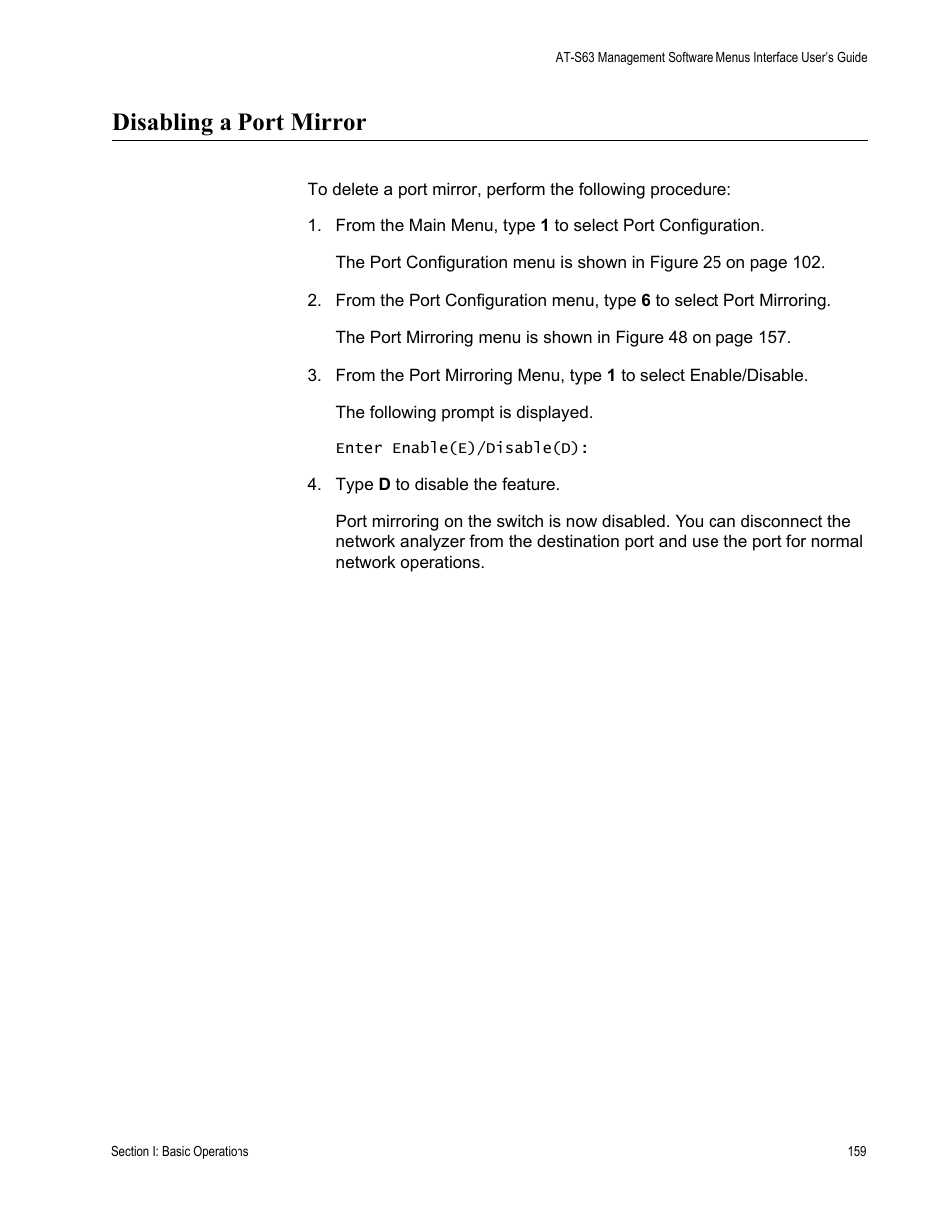 Disabling a port mirror | Allied Telesis AT-S63 User Manual | Page 159 / 822