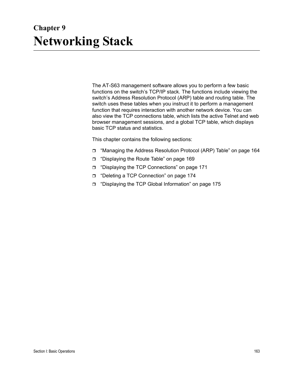 Chapter 9, Networking stack, R 9: networking stack | Allied Telesis AT-S63 User Manual | Page 163 / 822