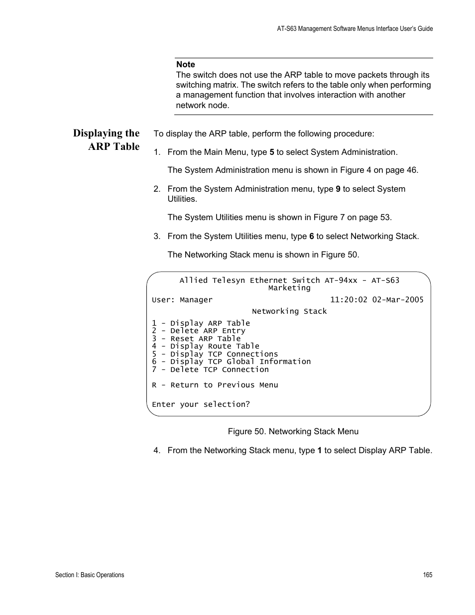 Displaying the arp table | Allied Telesis AT-S63 User Manual | Page 165 / 822