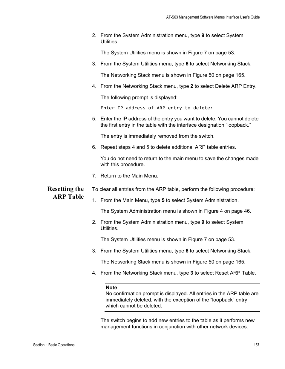 Resetting the arp table | Allied Telesis AT-S63 User Manual | Page 167 / 822