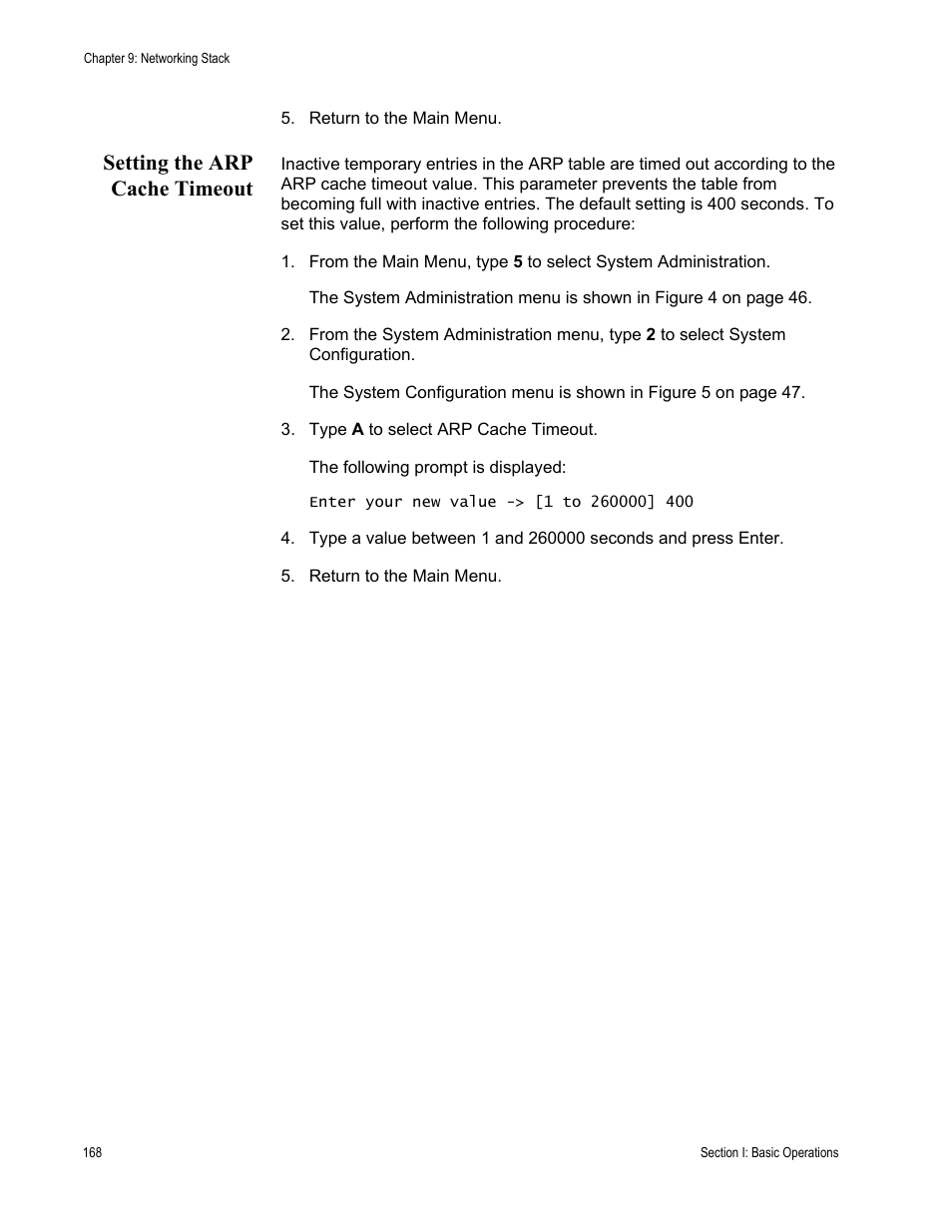 Setting the arp cache timeout | Allied Telesis AT-S63 User Manual | Page 168 / 822