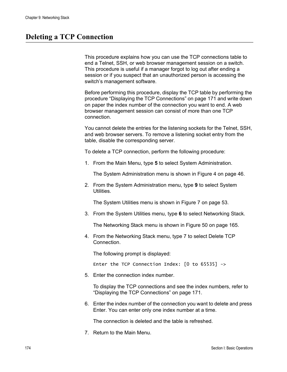 Deleting a tcp connection | Allied Telesis AT-S63 User Manual | Page 174 / 822