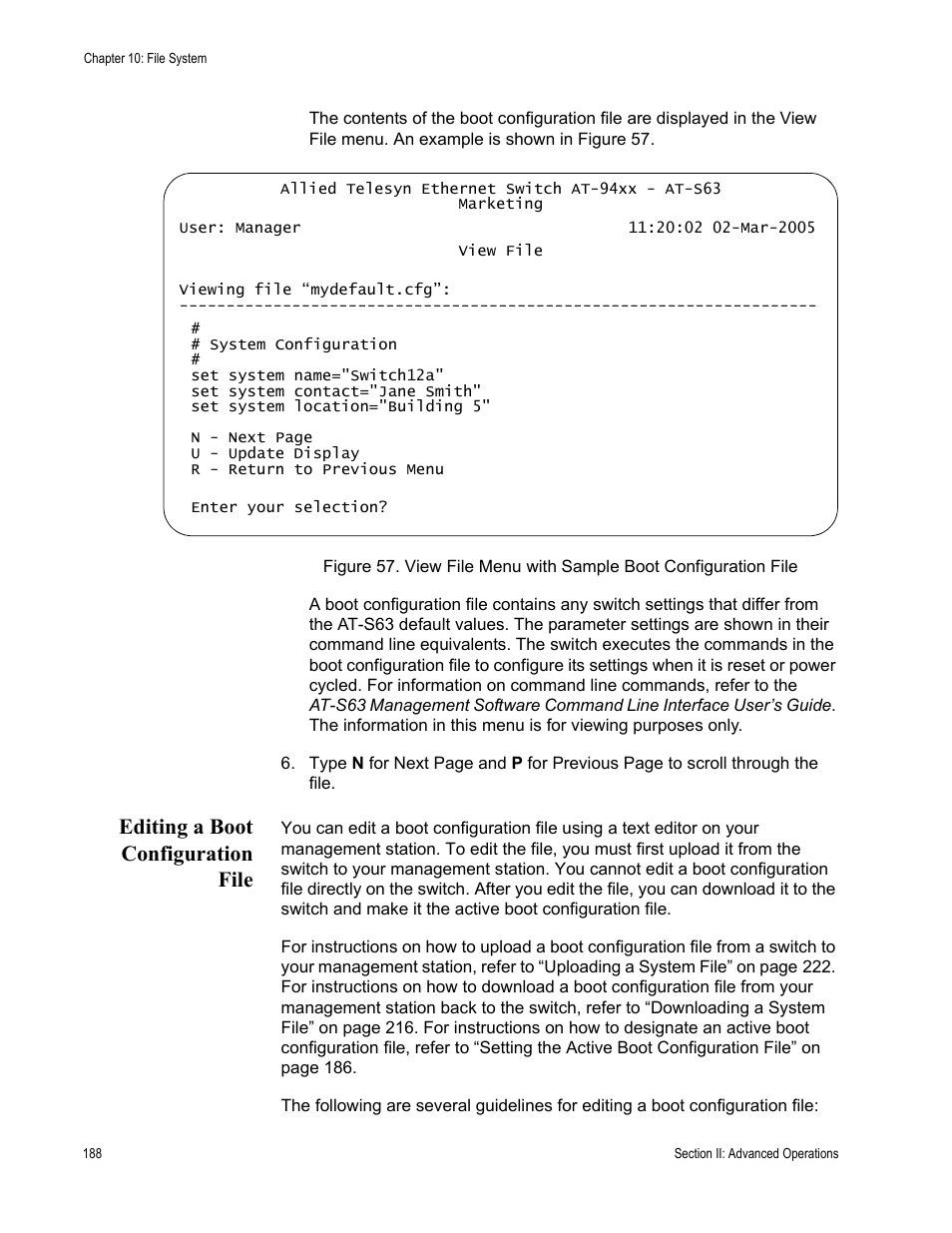 Editing a boot configuration file | Allied Telesis AT-S63 User Manual | Page 188 / 822