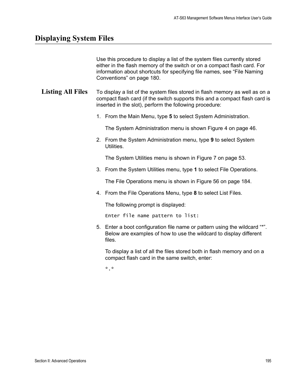 Displaying system files, Listing all files | Allied Telesis AT-S63 User Manual | Page 195 / 822