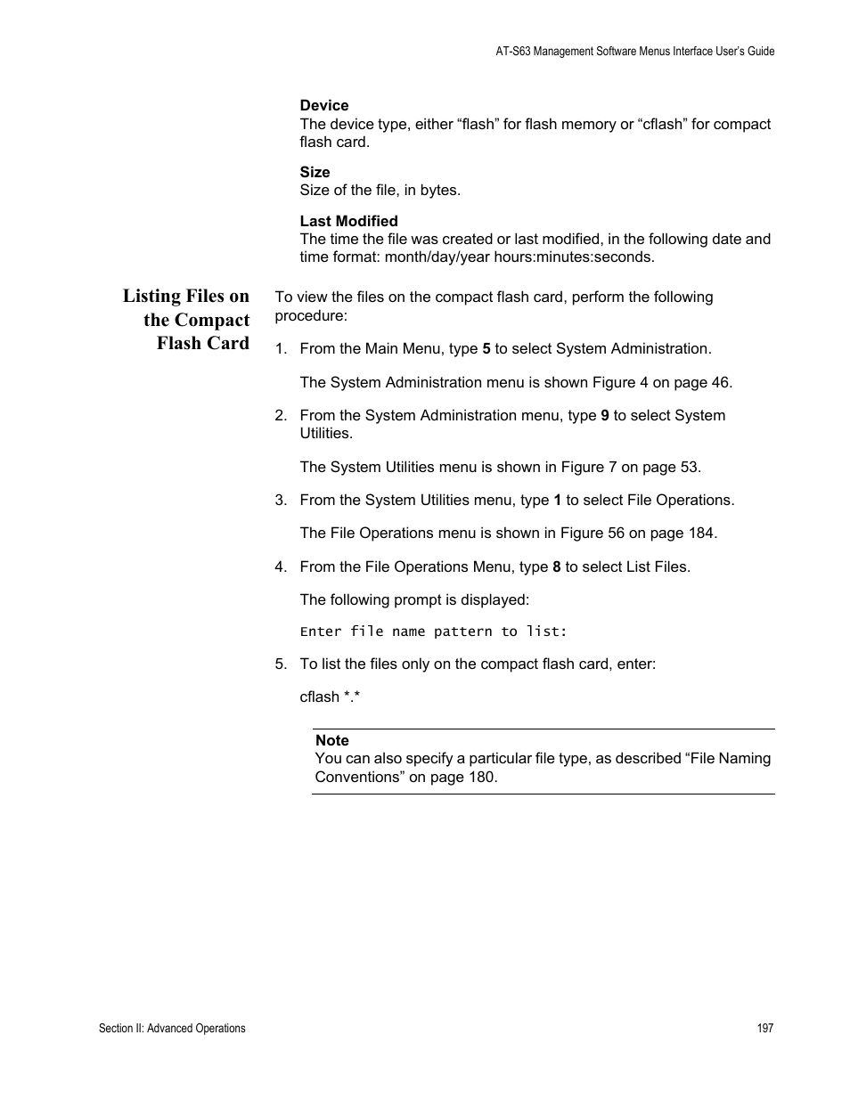 Listing files on the compact flash card | Allied Telesis AT-S63 User Manual | Page 197 / 822