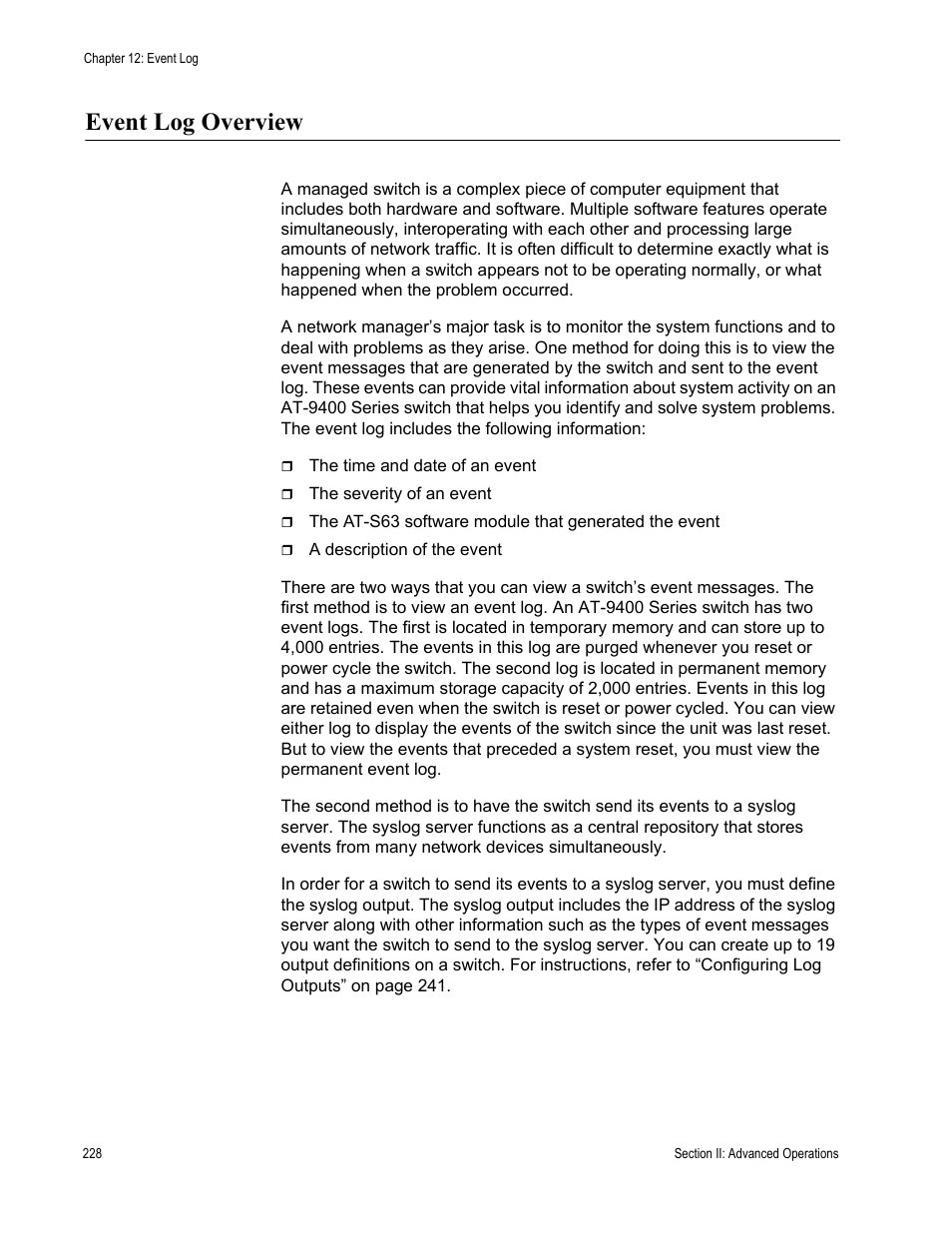 Event log overview | Allied Telesis AT-S63 User Manual | Page 228 / 822