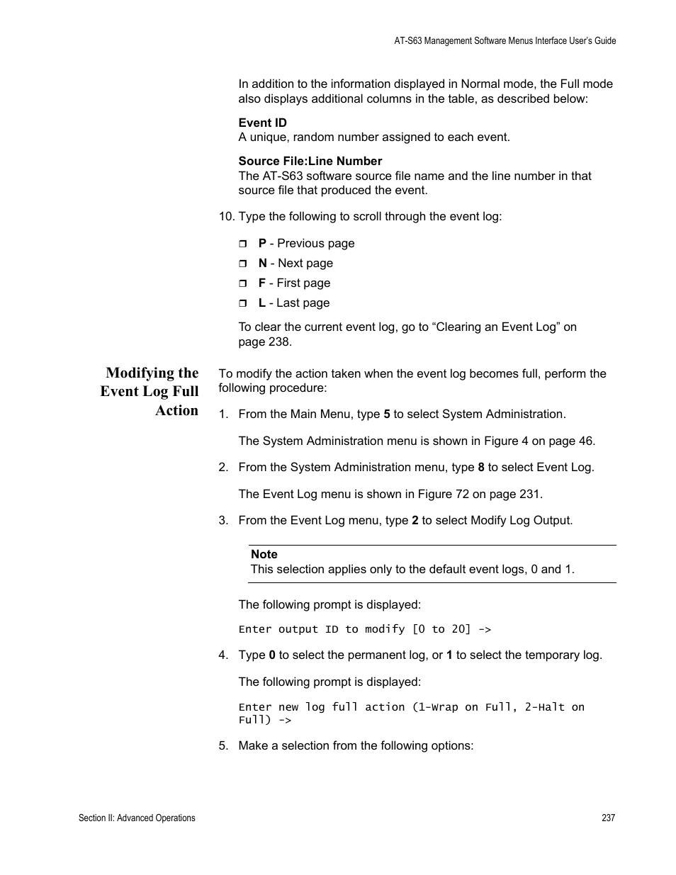 Modifying the event log full action | Allied Telesis AT-S63 User Manual | Page 237 / 822