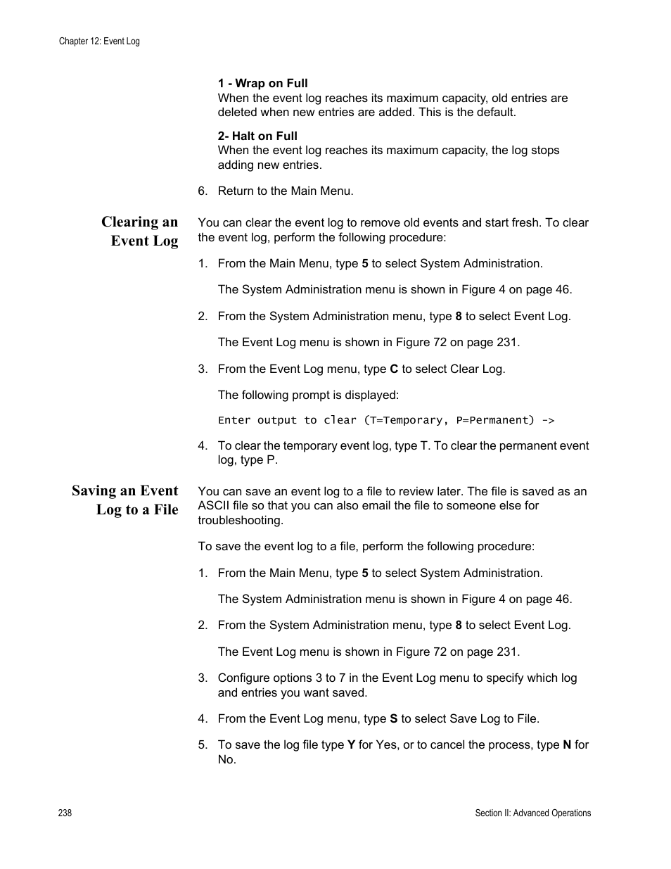Clearing an event log, Saving an event log to a file | Allied Telesis AT-S63 User Manual | Page 238 / 822