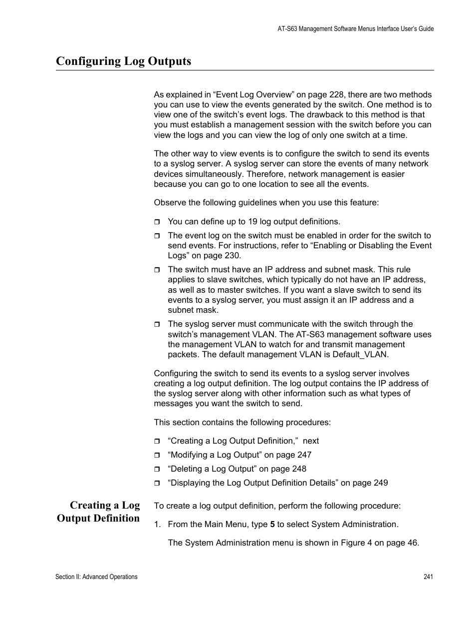 Configuring log outputs, Creating a log output definition | Allied Telesis AT-S63 User Manual | Page 241 / 822