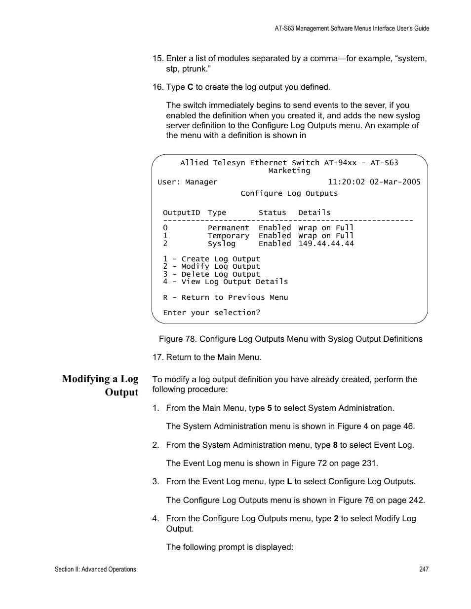 Modifying a log output | Allied Telesis AT-S63 User Manual | Page 247 / 822