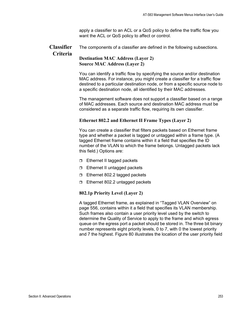 Classifier criteria, 1p priority level (layer 2) | Allied Telesis AT-S63 User Manual | Page 253 / 822