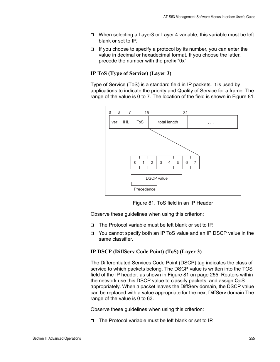 Ip tos (type of service) (layer 3), Ip dscp (diffserv code point) (tos) (layer 3) | Allied Telesis AT-S63 User Manual | Page 255 / 822