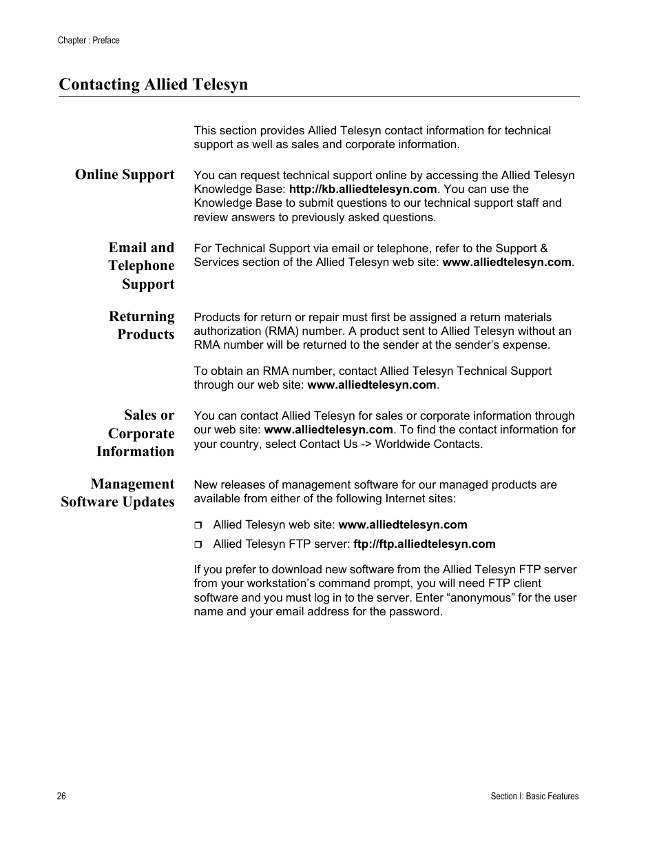 Contacting allied telesyn, Online support, Email and telephone support | Returning products, Sales or corporate information, Management software updates | Allied Telesis AT-S63 User Manual | Page 26 / 822