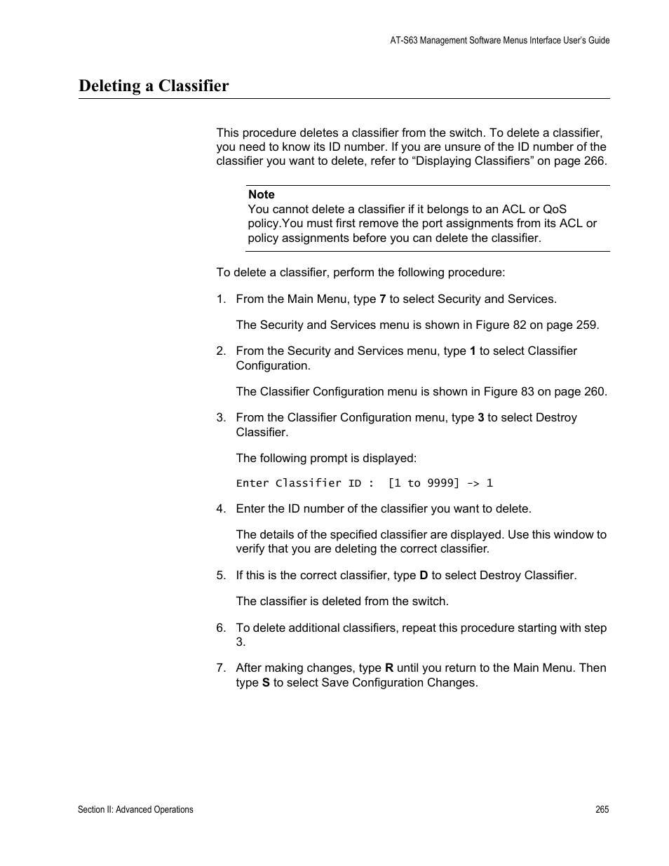 Deleting a classifier | Allied Telesis AT-S63 User Manual | Page 265 / 822