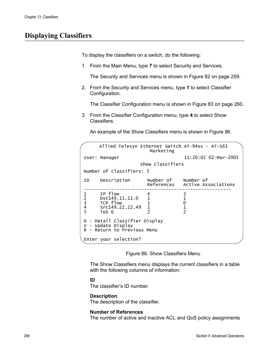 Displaying classifiers | Allied Telesis AT-S63 User Manual | Page 266 / 822