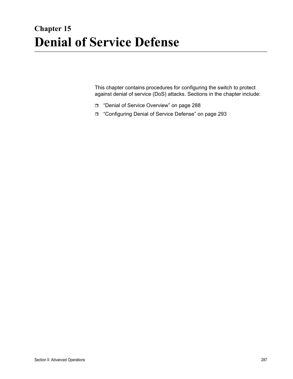 Chapter 15, Denial of service defense | Allied Telesis AT-S63 User Manual | Page 287 / 822