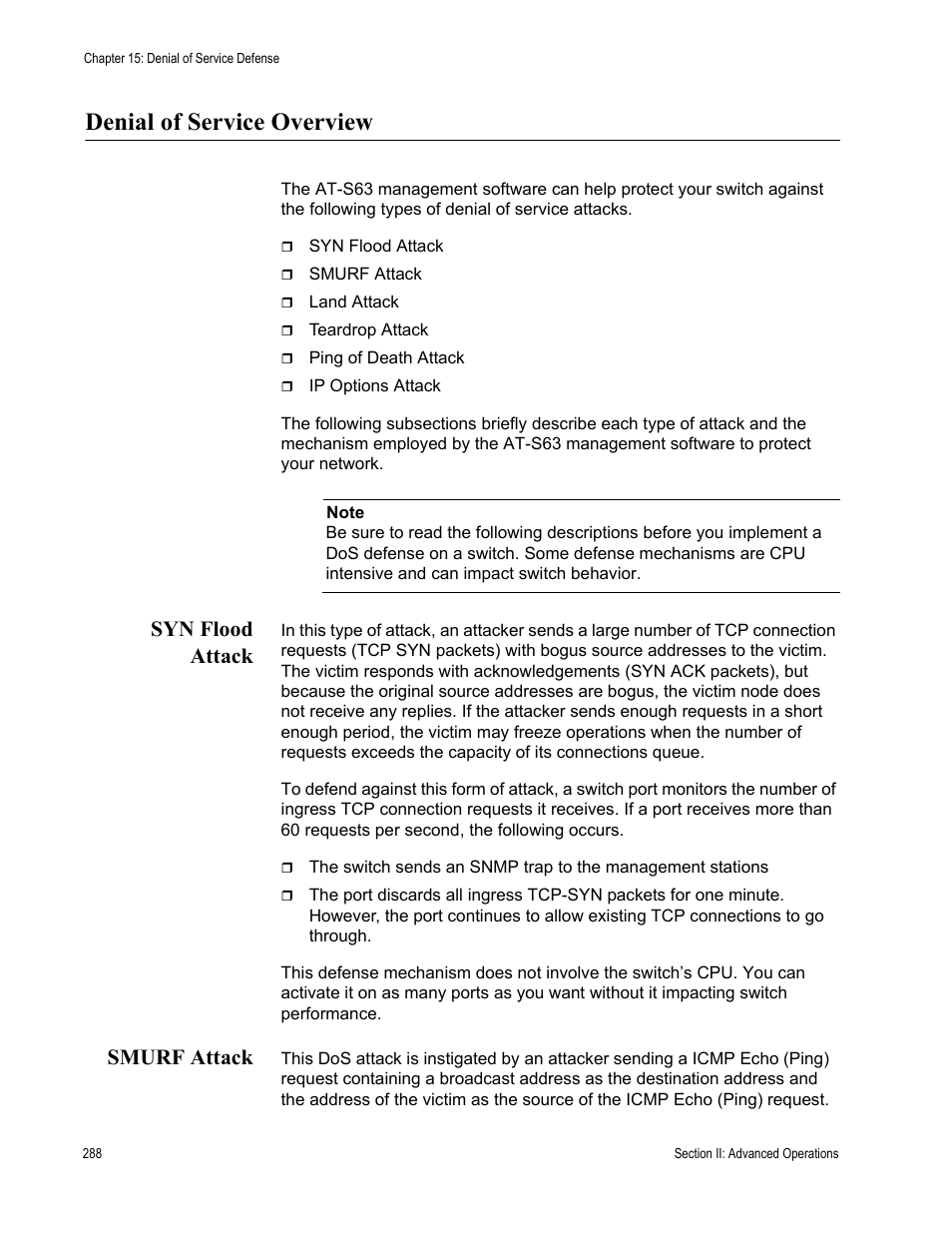 Denial of service overview, Syn flood attack, Smurf attack | Syn flood attack smurf attack | Allied Telesis AT-S63 User Manual | Page 288 / 822