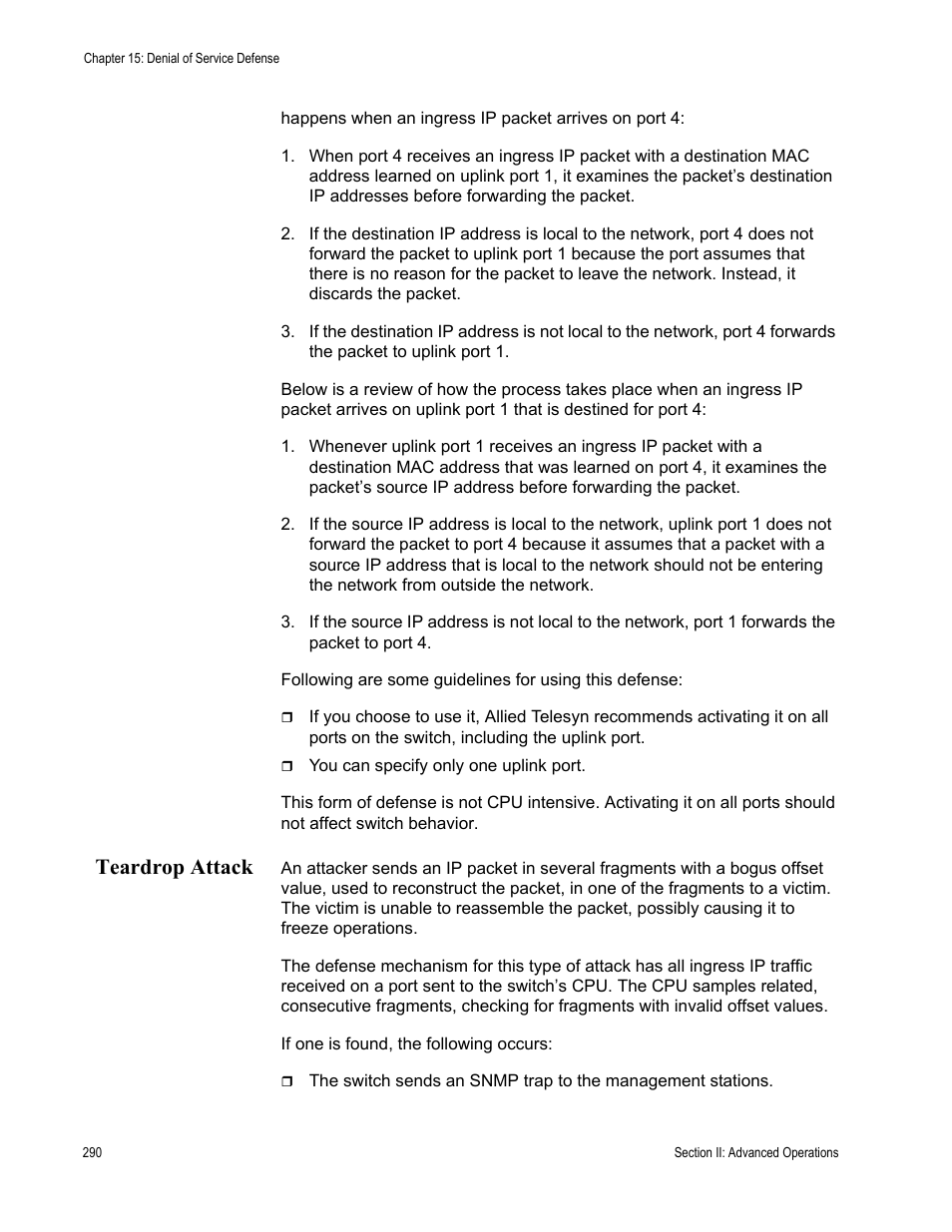 Teardrop attack | Allied Telesis AT-S63 User Manual | Page 290 / 822