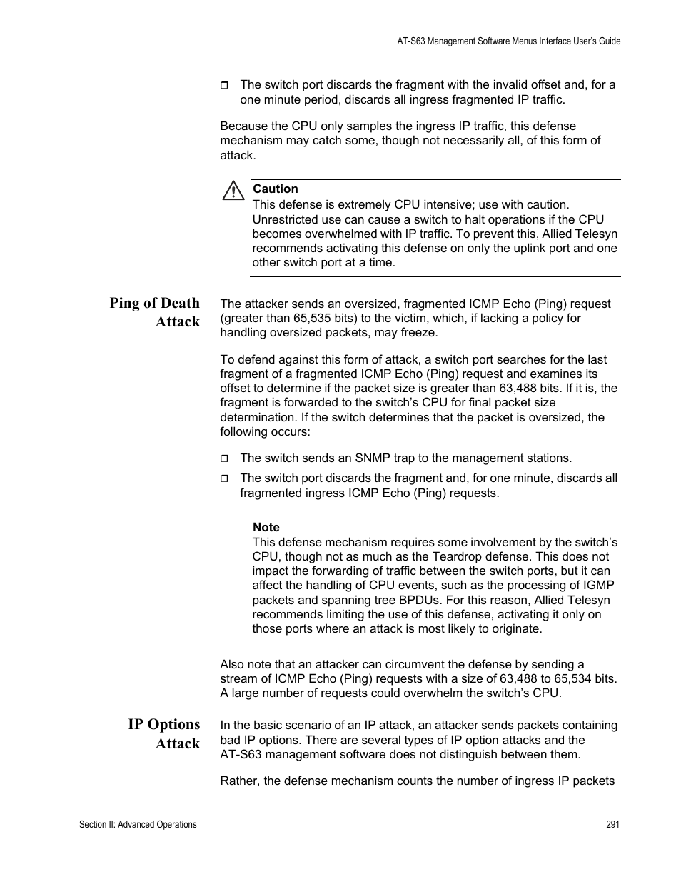Ping of death attack, Ip options attack, Ping of death attack ip options attack | Allied Telesis AT-S63 User Manual | Page 291 / 822