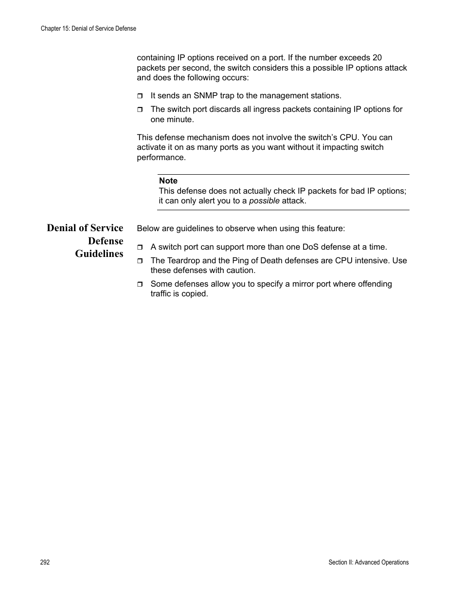 Denial of service defense guidelines | Allied Telesis AT-S63 User Manual | Page 292 / 822