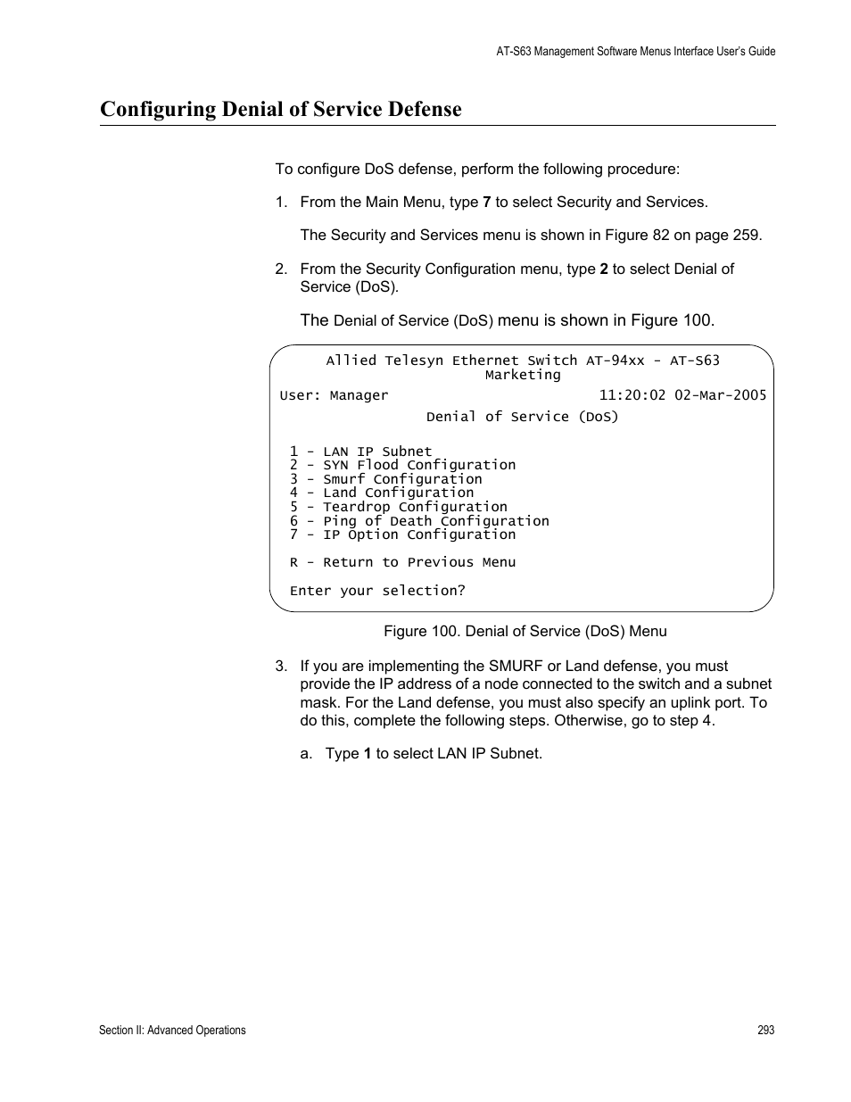 Configuring denial of service defense | Allied Telesis AT-S63 User Manual | Page 293 / 822