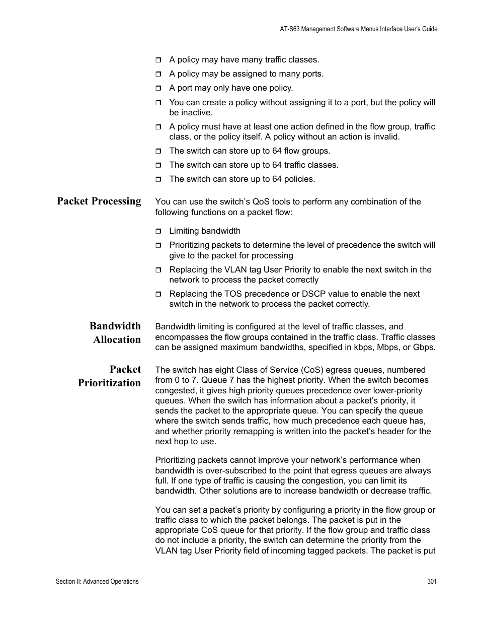 Packet processing, Bandwidth allocation, Packet prioritization | Allied Telesis AT-S63 User Manual | Page 301 / 822