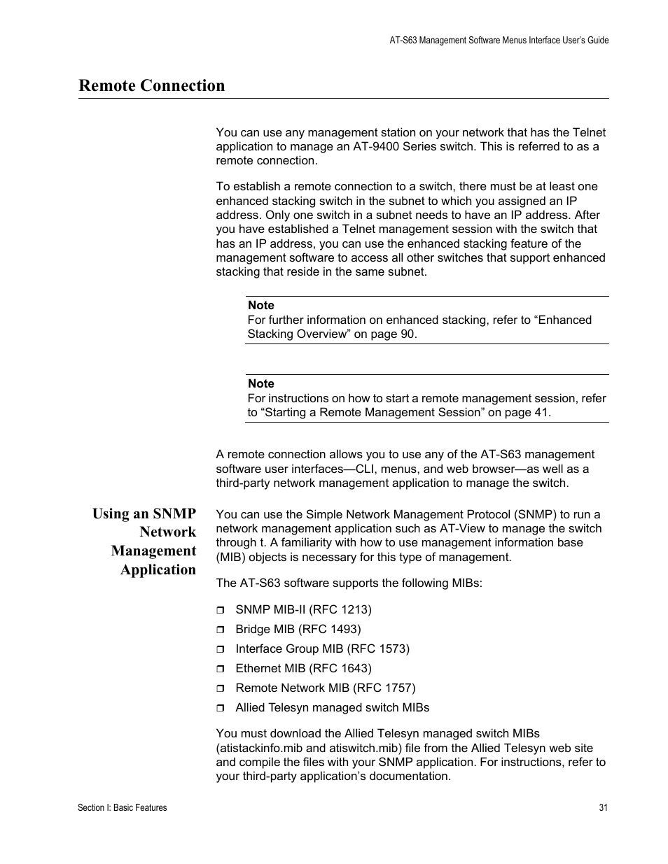 Remote connection, Using an snmp network management application | Allied Telesis AT-S63 User Manual | Page 31 / 822