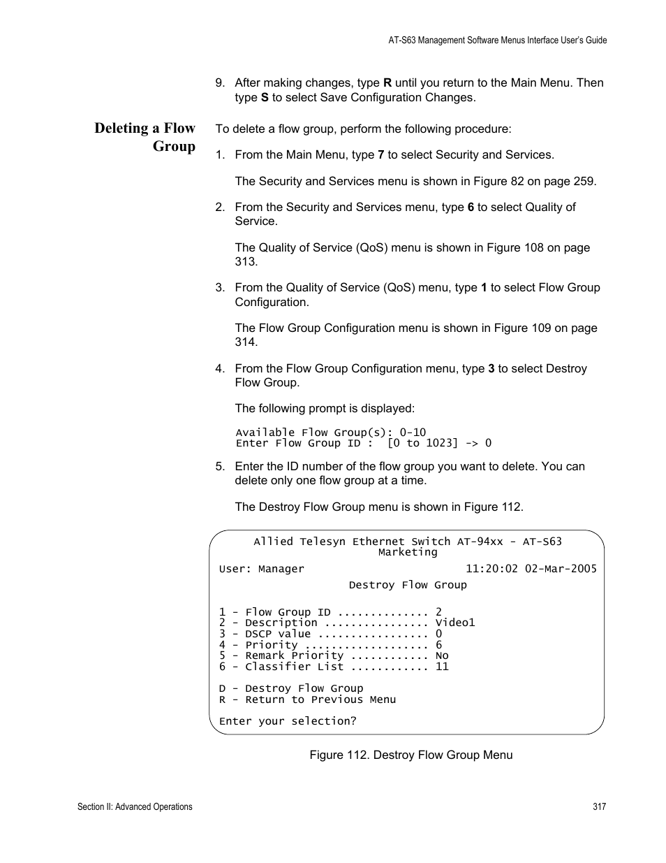 Deleting a flow group | Allied Telesis AT-S63 User Manual | Page 317 / 822