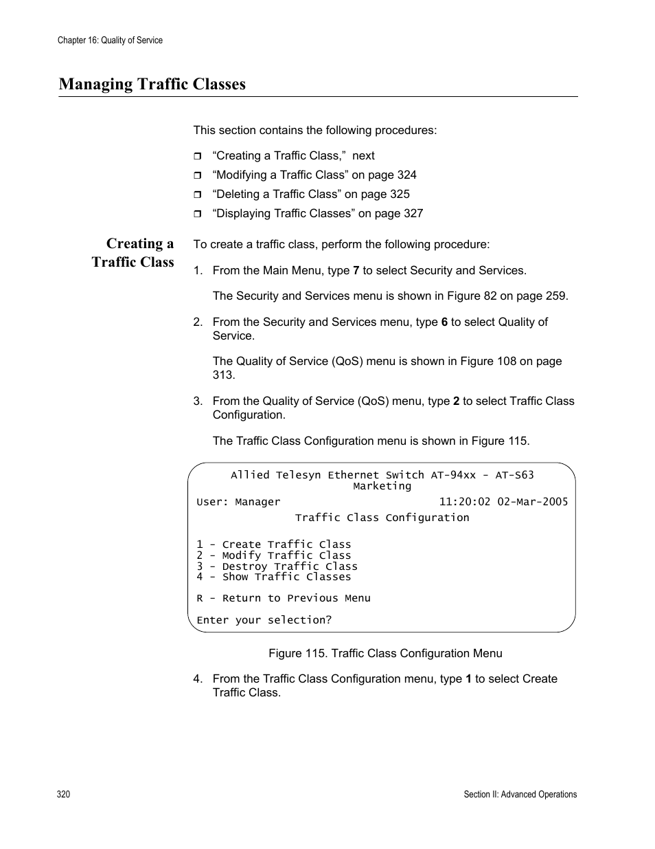 Managing traffic classes, Creating a traffic class | Allied Telesis AT-S63 User Manual | Page 320 / 822