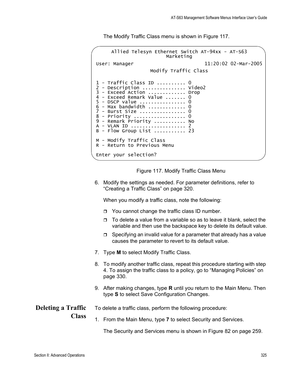 Deleting a traffic class | Allied Telesis AT-S63 User Manual | Page 325 / 822