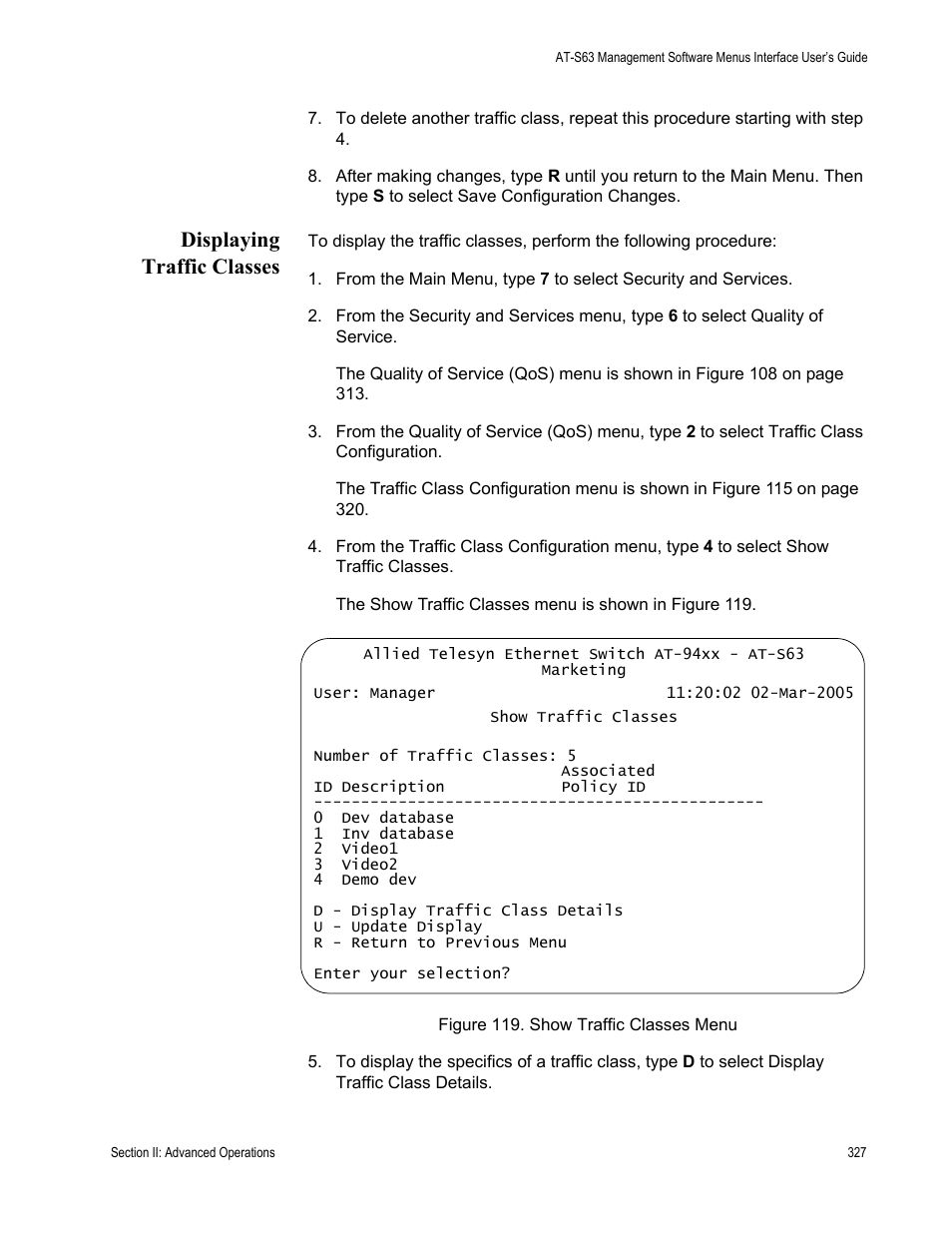 Displaying traffic classes | Allied Telesis AT-S63 User Manual | Page 327 / 822